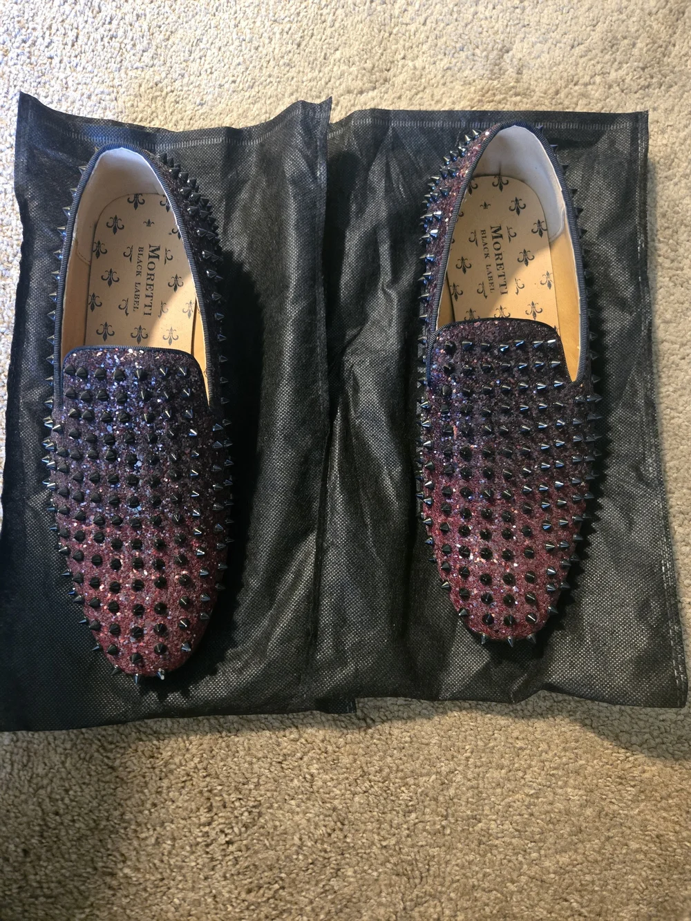 NasonMoretti Black and Dark Burgundy Studded Slip-Ons